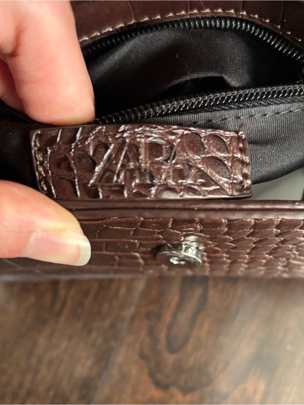 Zara Croc-Embossed Top-Handle Satchel in Dark Brown - Picture 7 of 9